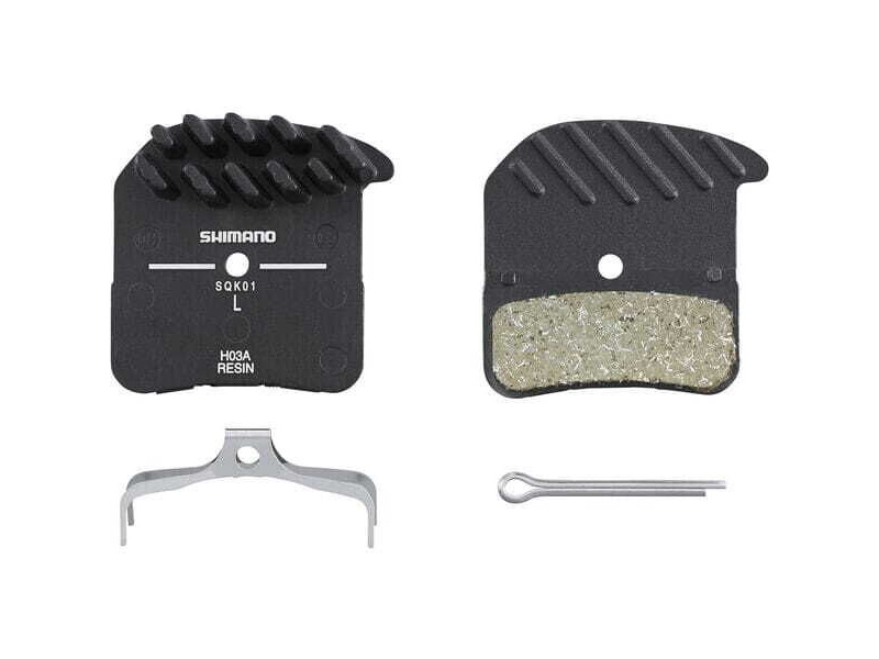 Shimano H03A disc pads & spring, alloy back with cooling fins, resin click to zoom image
